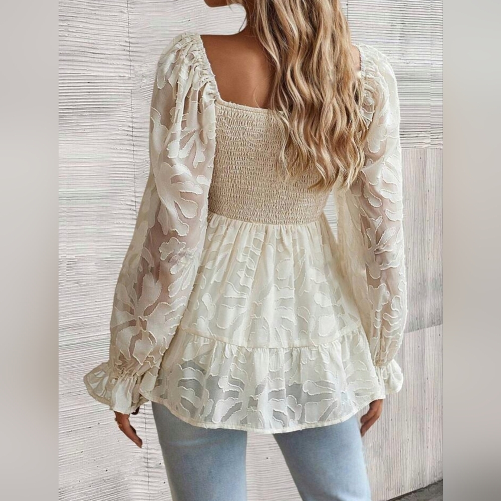 New Flowy Jacquard Peplum Top Blouse Lantern Long Sleeve Ivory Cream Beige